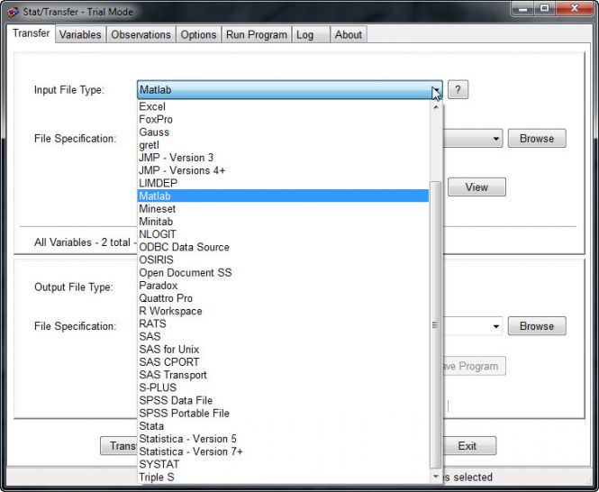 Select MatLab as the Input Format