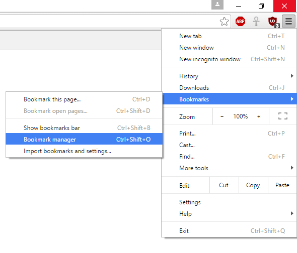 The Customize and Control Google Chrome menu - Bookmarks submenu