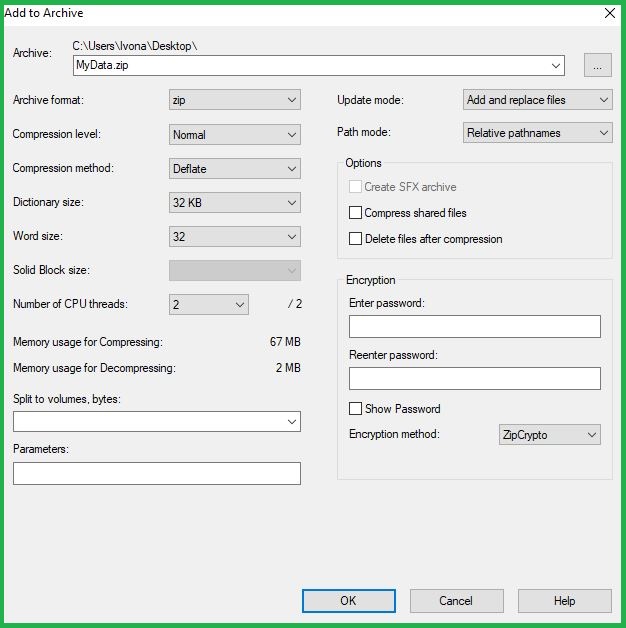 Configuring Output Settings In 7-Zip