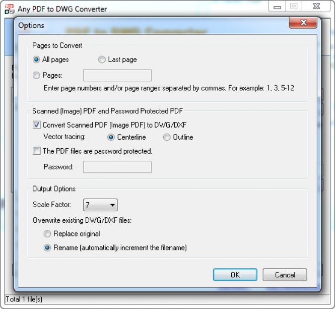 PDF to DWG Converter - Options menu