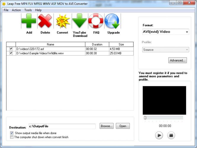 How to convert ASX to AVI with Leap Free MP4 FLV MPEG WMV ASF MOV to AVI Converter